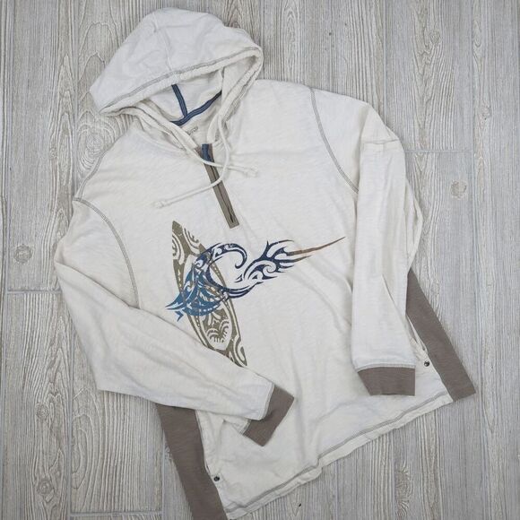 Crazy Shirts Cream Color Hooded Long Sleeve T-Shirt Pockets 1/4 Zip Pullover Sz - Picture 1 of 10